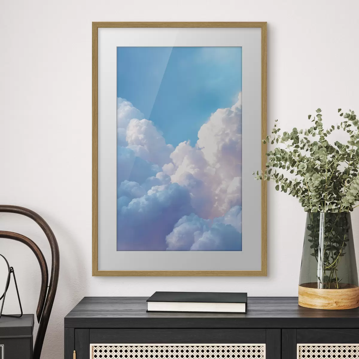 Poster Pintoresco paisaje celeste con enormes nubes blancas en estilo gráfico digital. f47089