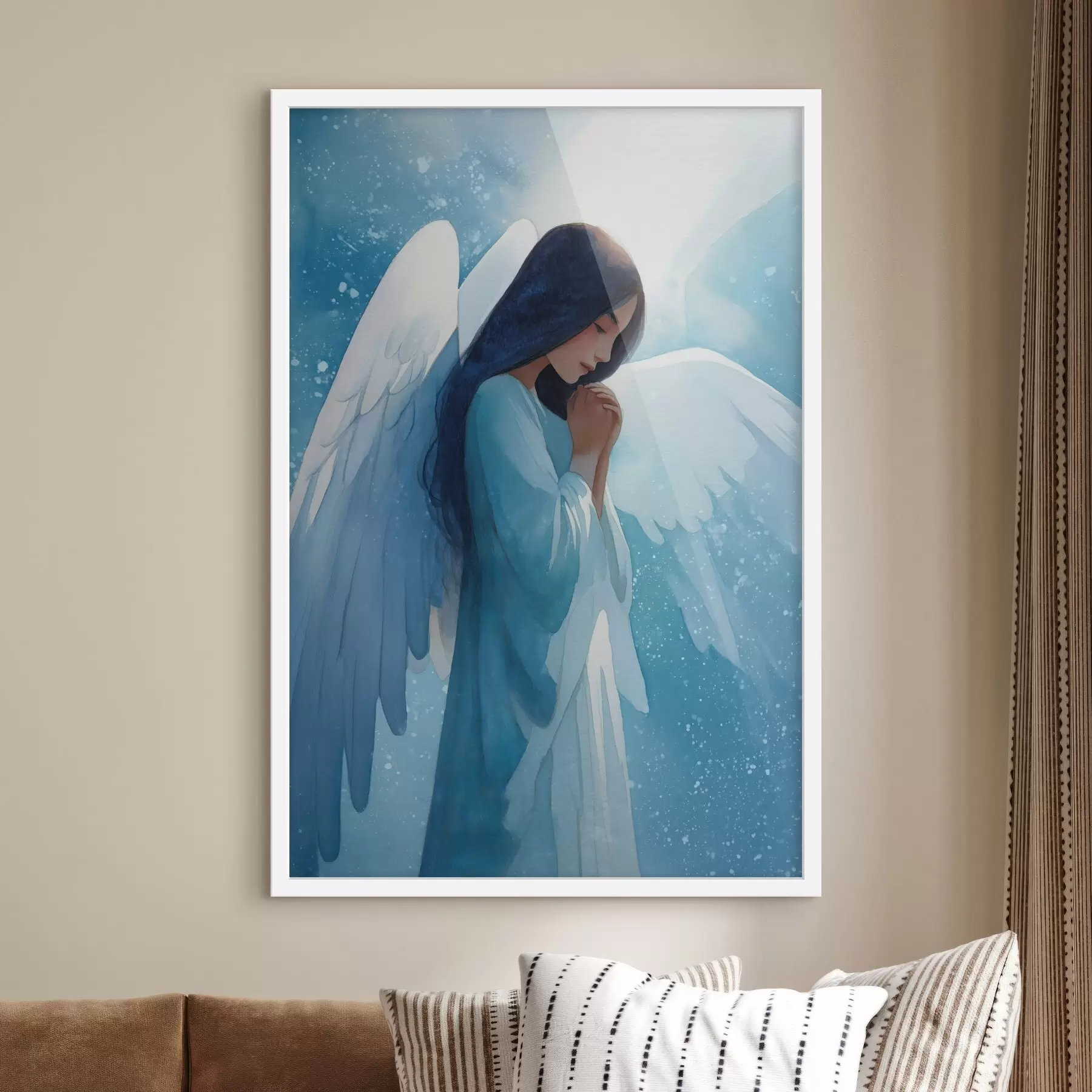 murales de pared Armonía acuarela: ángel en la luz sobre fondo azul f47094