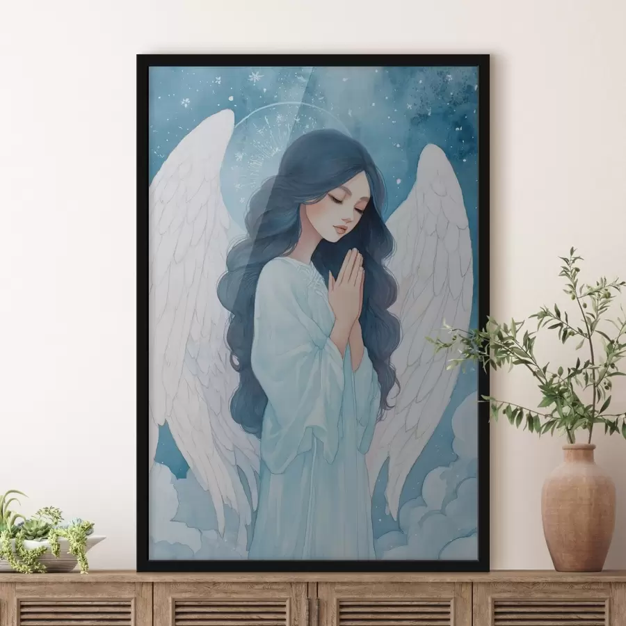 murales de pared Encantadora ilustración de un ángel entre las nubes en una paleta de colores blanco y azul. f47095