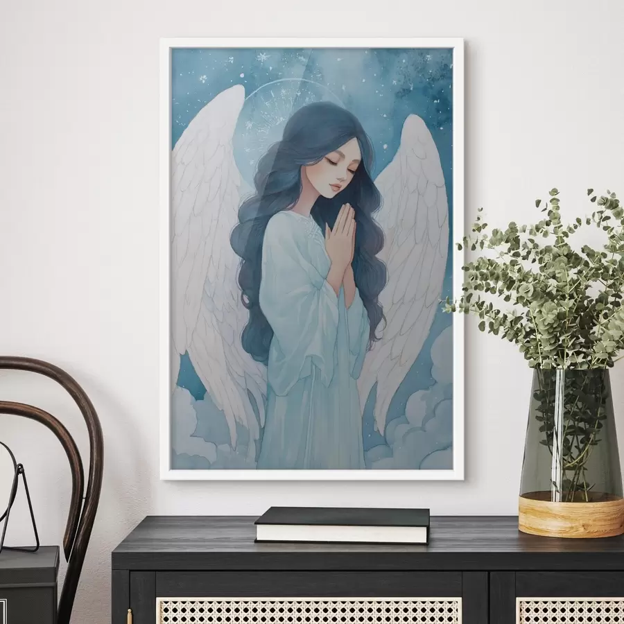 murales de pared Encantadora ilustración de un ángel entre las nubes en una paleta de colores blanco y azul. f47095