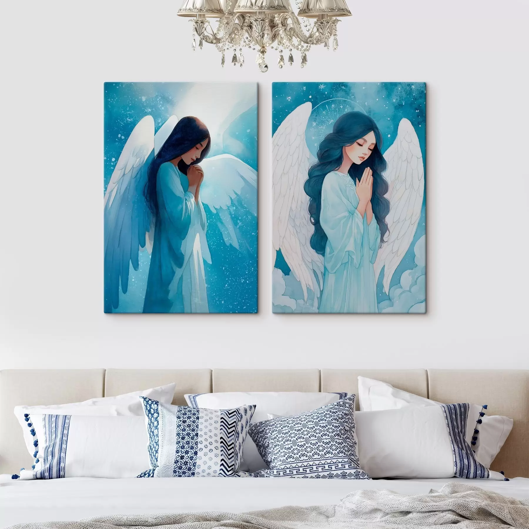 murales de pared Arte sacro moderno en estilo acuarela con la imagen de un ángel guardián con túnicas azules. m01153