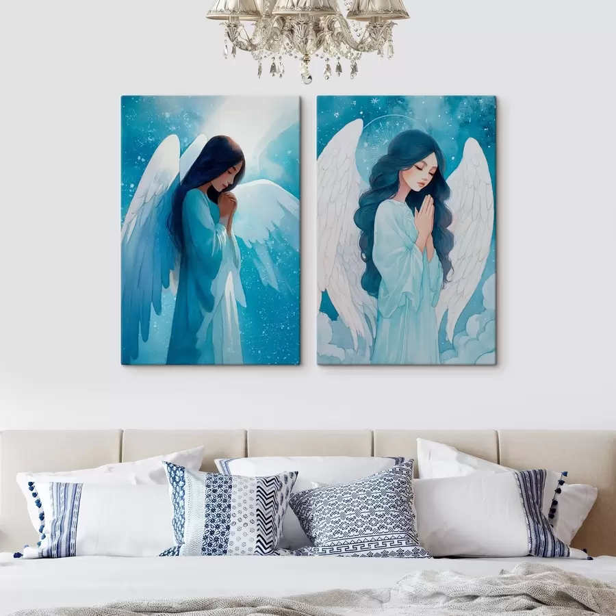 murales de pared Arte sacro moderno en estilo acuarela con la imagen de un ángel guardián con túnicas azules. m01153