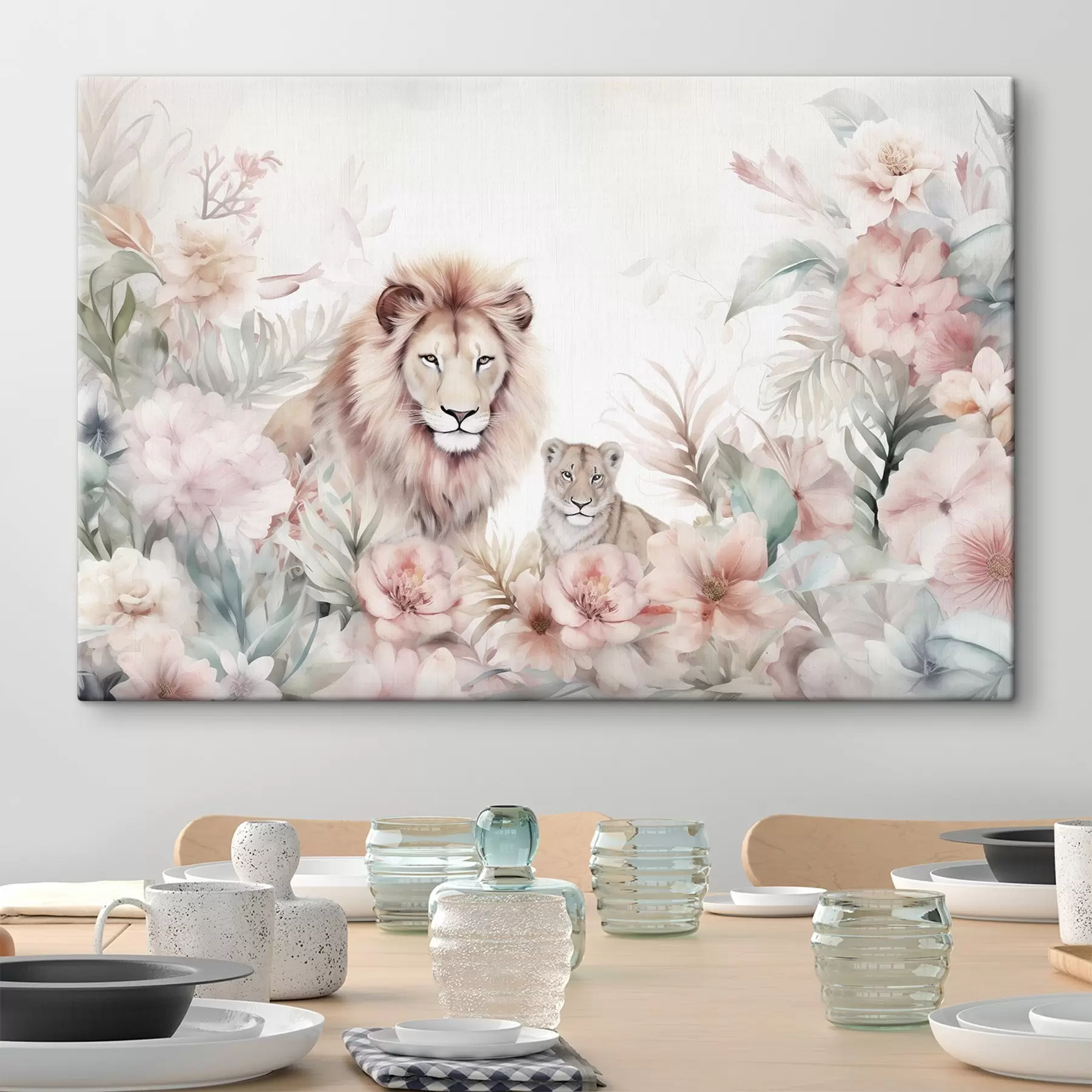 murales de pared Leones en matorrales tropicales, imitación acuarela s47640