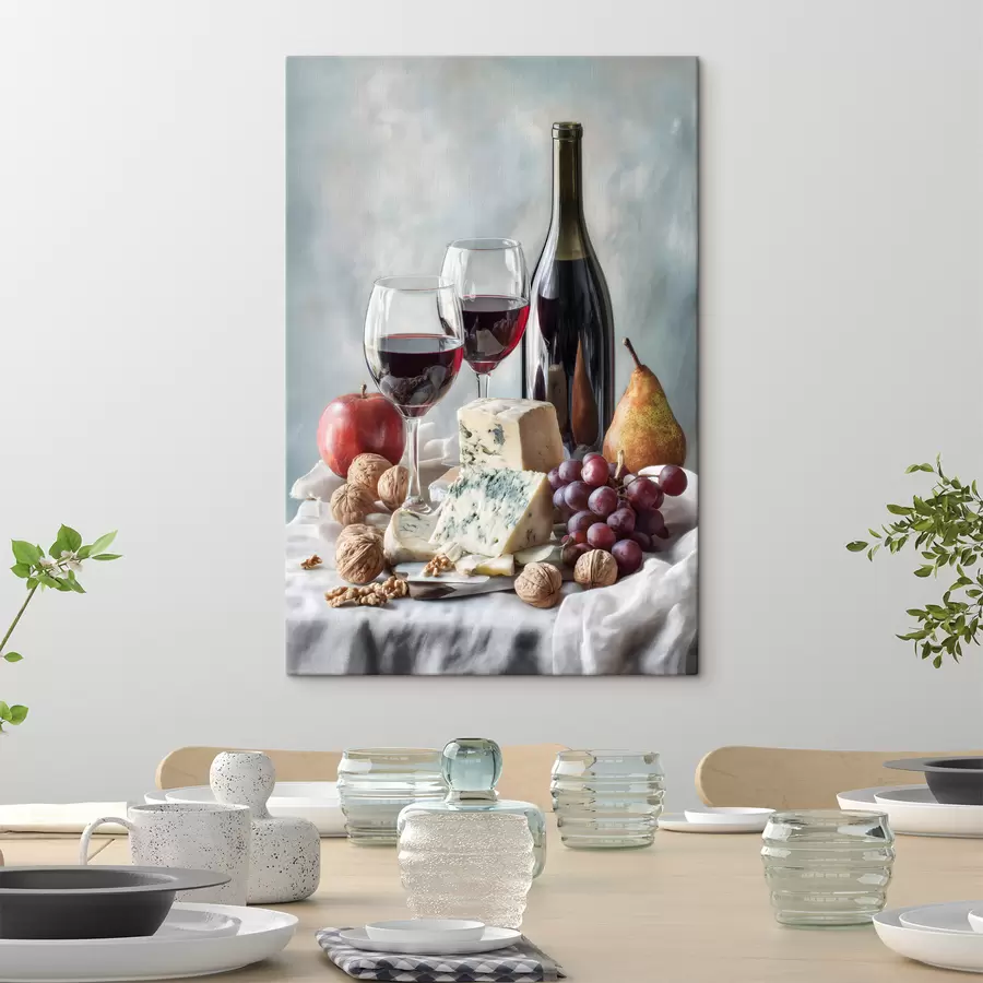 murales de pared naturaleza muerta con vino, queso y frutos secos s47686