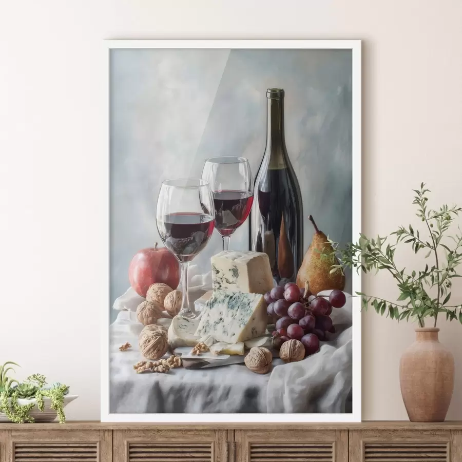 murales de pared naturaleza muerta con vino, queso y frutos secos f47686
