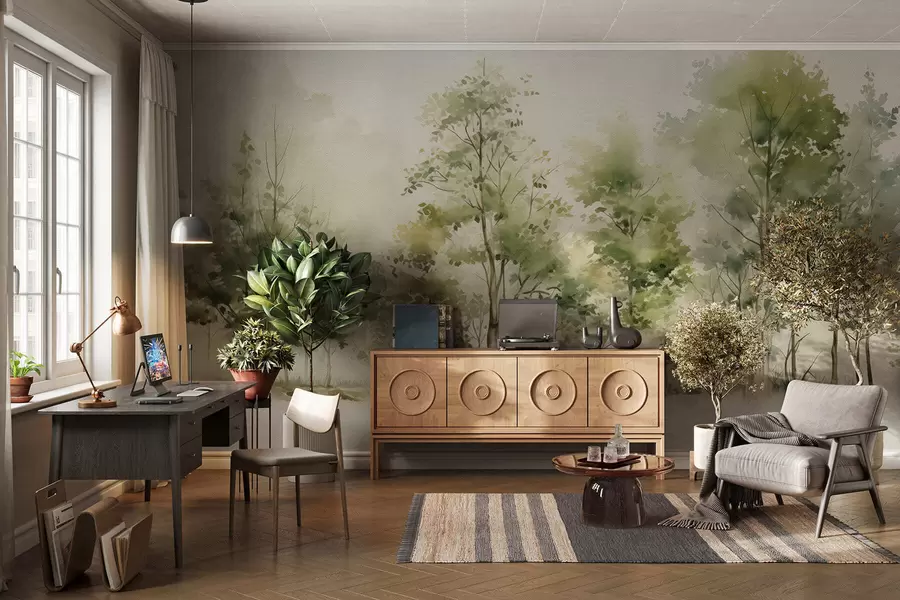 murales de pared Bosque caducifolio en acuarela w05180