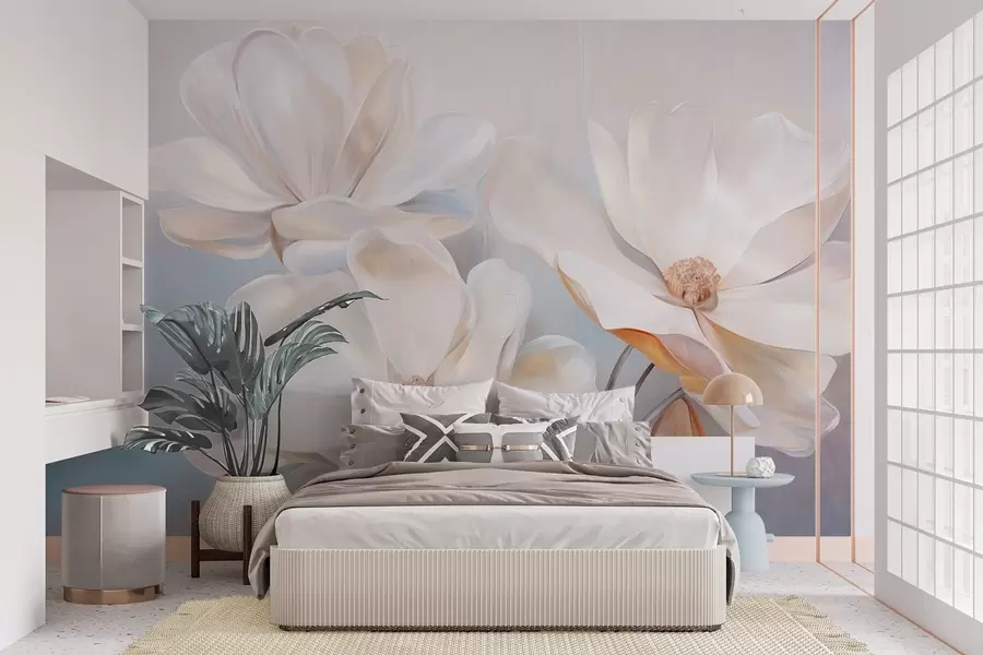 murales de pared Flores blancas de magnolia fantásticas con pétalos de textura delicada, sobre un fondo suave y abstracto. w09373