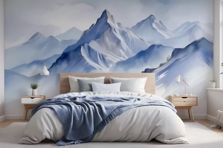 murales de pared Montañas nevadas con textura, un suave efecto acuarela y una paleta de colores azul y blanco. w09630