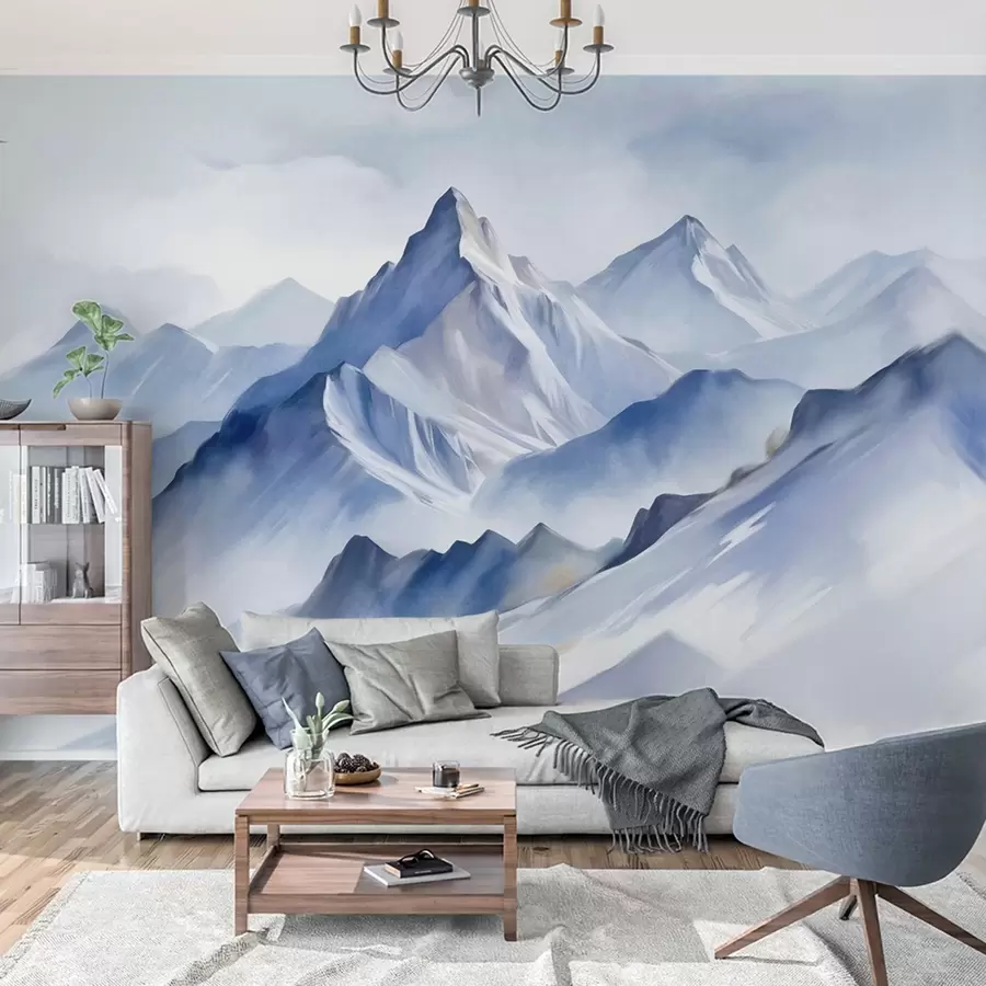 murales de pared Montañas nevadas con textura, un suave efecto acuarela y una paleta de colores azul y blanco. w09630