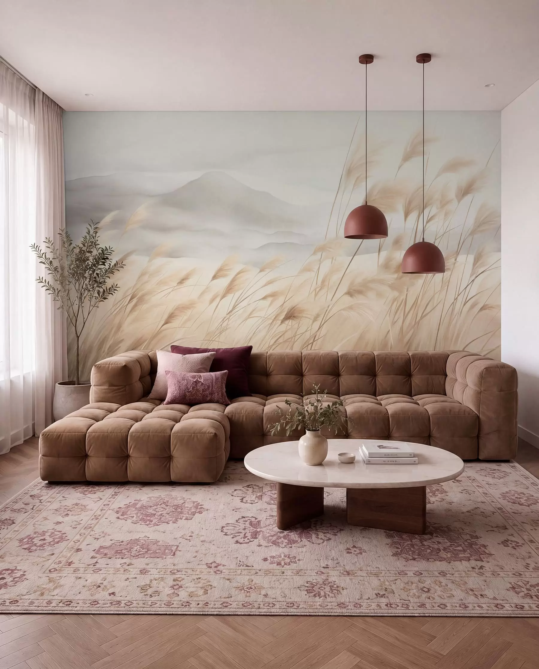 murales de pared Paisaje montañoso con textura, con hierba alta y seca bajo un cielo brumoso. w09649