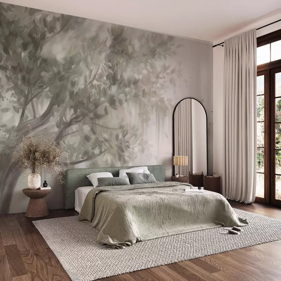 murales de pared Árbol texturizado con hojas y ramas de color verde claro, con un fondo suave y difuminado. w09650