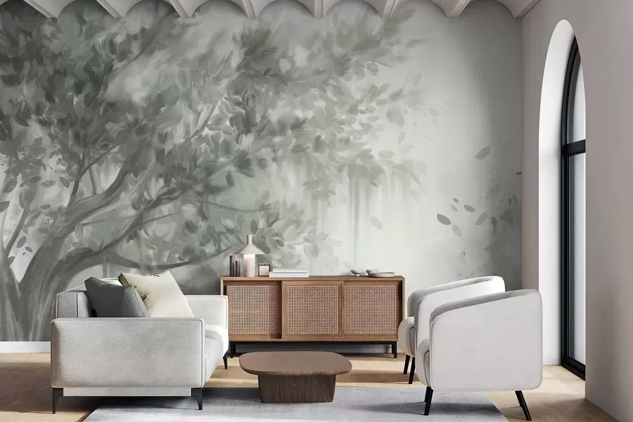 murales de pared Árbol texturizado con hojas y ramas verdes, con un fondo suave y difuminado. w09650v1