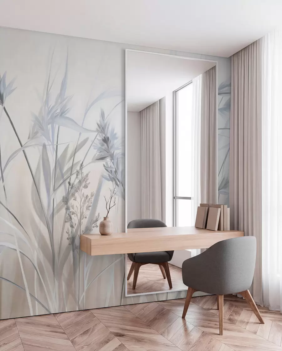murales de pared Tallos altos y secos de hierba con puntas plumosas en tonos apagados, fondo blanco y beige suave y difuminado. w09652v1