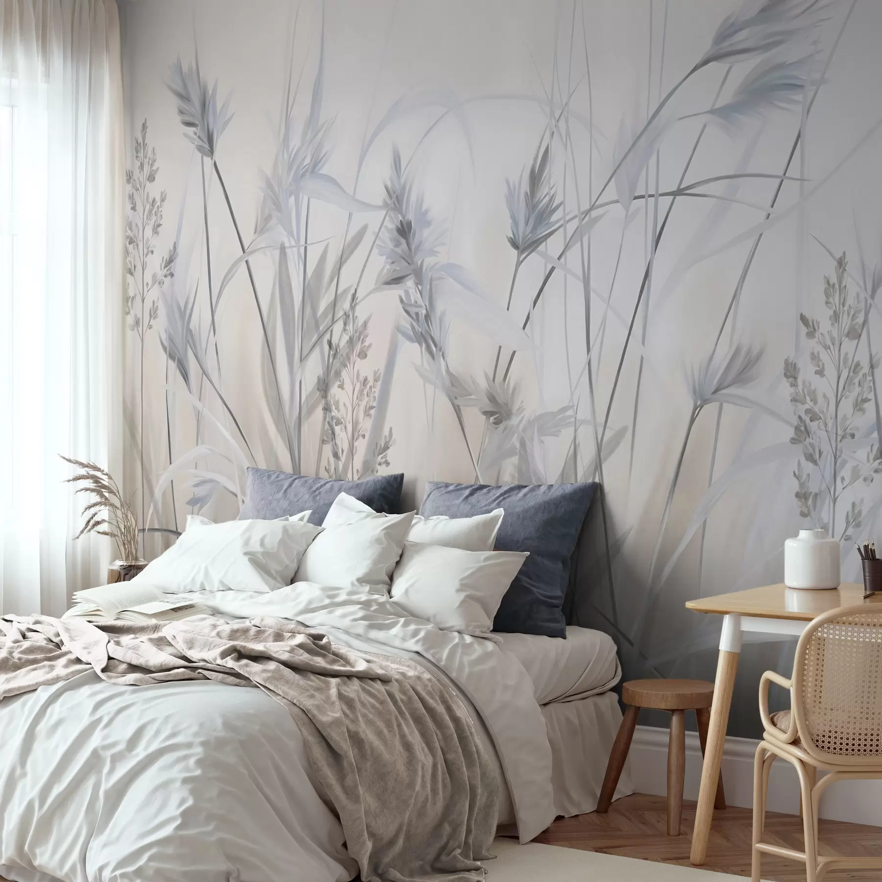 murales de pared Tallos altos y secos de hierba con puntas plumosas en tonos apagados, fondo blanco y beige suave y difuminado. w09652v1