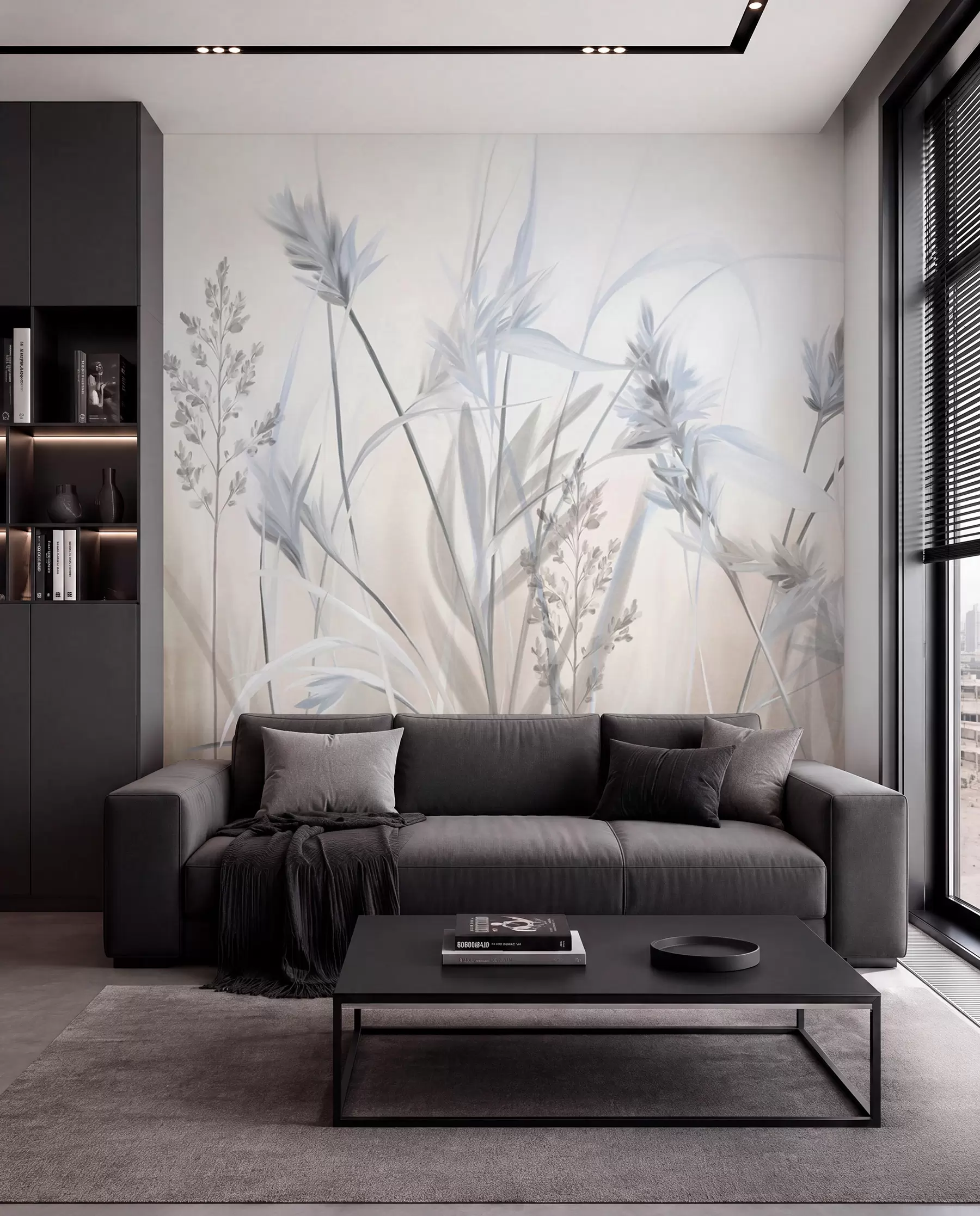 murales de pared Tallos altos y secos de hierba con puntas plumosas en tonos apagados, fondo blanco y beige suave y difuminado. w09652v1