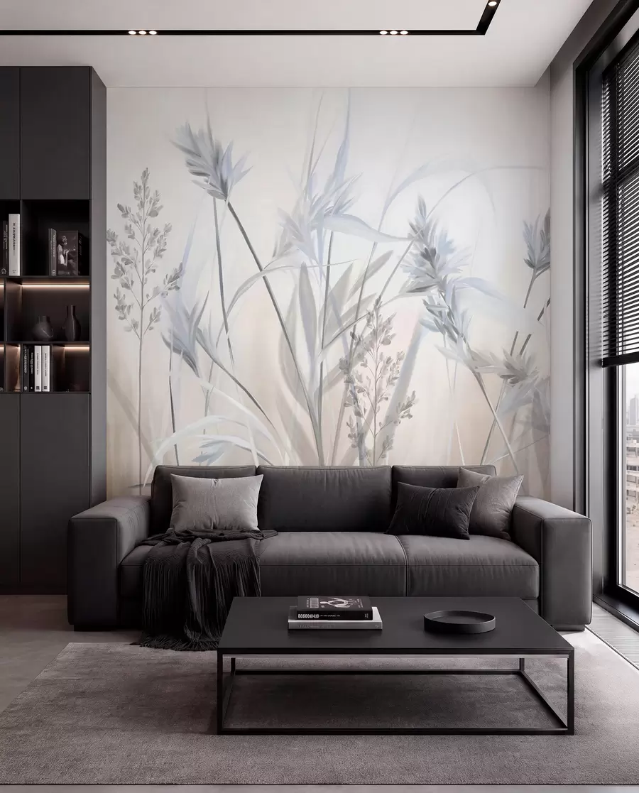 murales de pared Tallos altos y secos de hierba con puntas plumosas en tonos apagados, fondo blanco y beige suave y difuminado. w09652v1