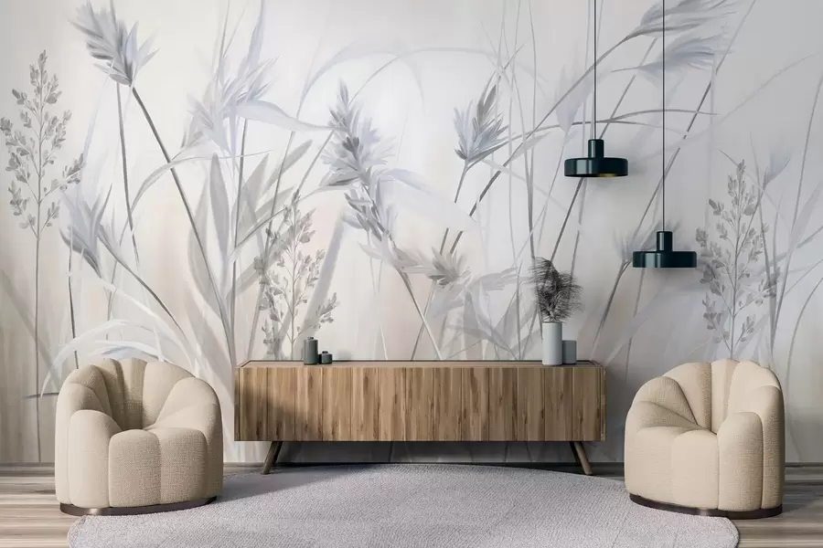 murales de pared Tallos altos y secos de hierba con puntas plumosas en tonos apagados, fondo blanco y beige suave y difuminado. w09652v1
