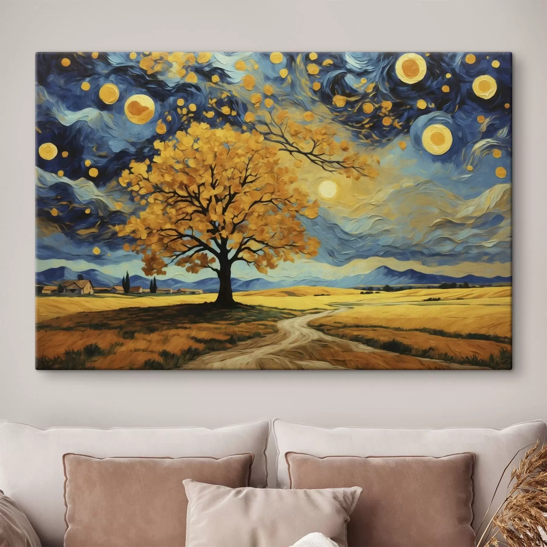 murales de pared Paisaje con un árbol y un cielo estrellado intenso s47255