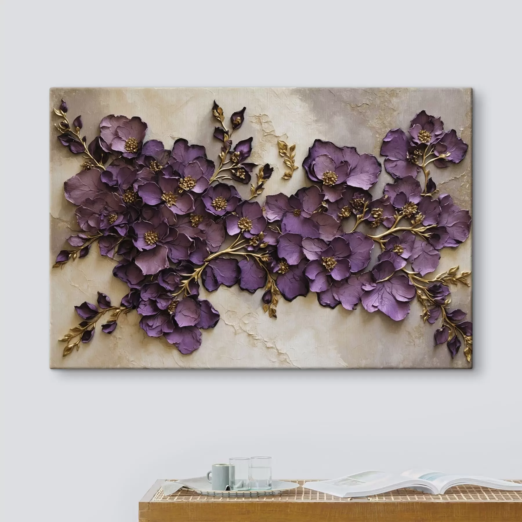 murales de pared Arreglo floral con flores moradas y detalles decorativos. s47277