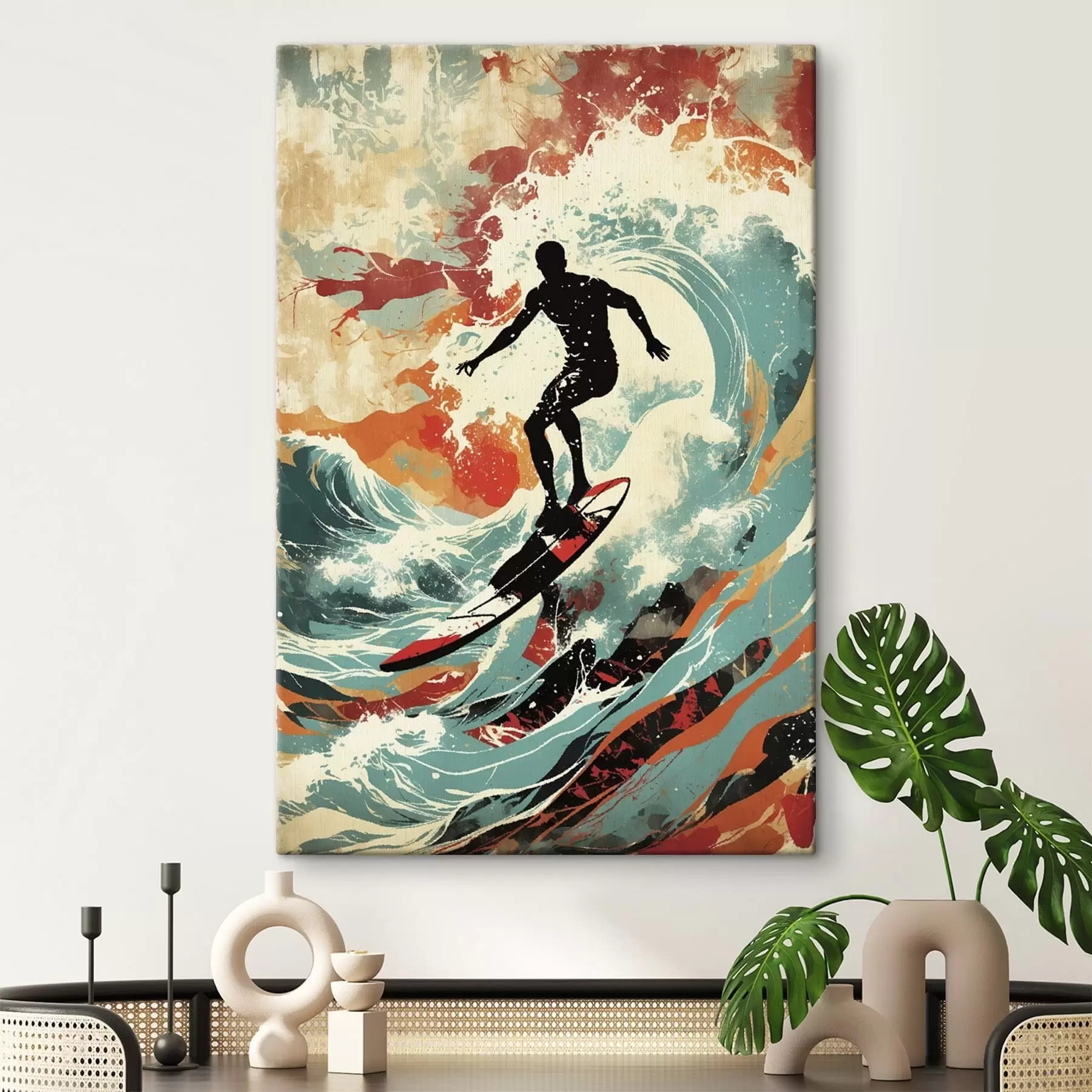 murales de pared Silueta de surfista sobre olas en colores vivos s47284