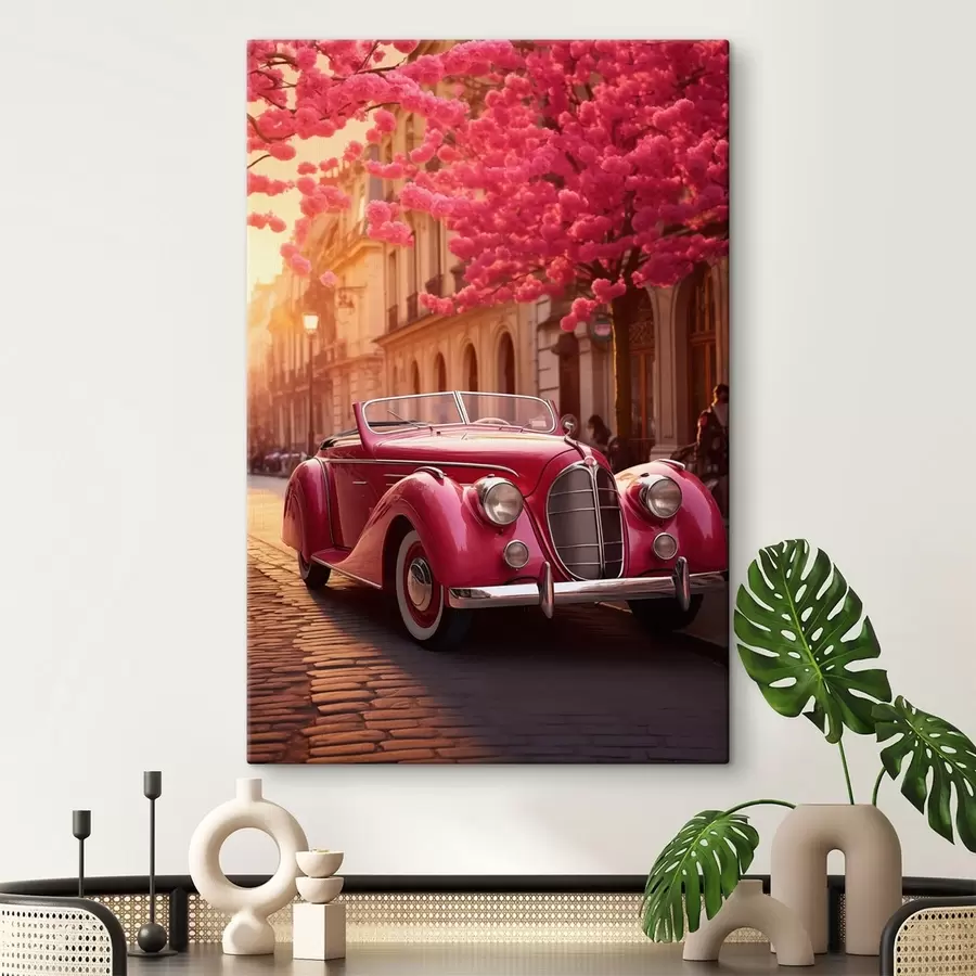 murales de pared Coche rosa bajo árboles en flor s47295
