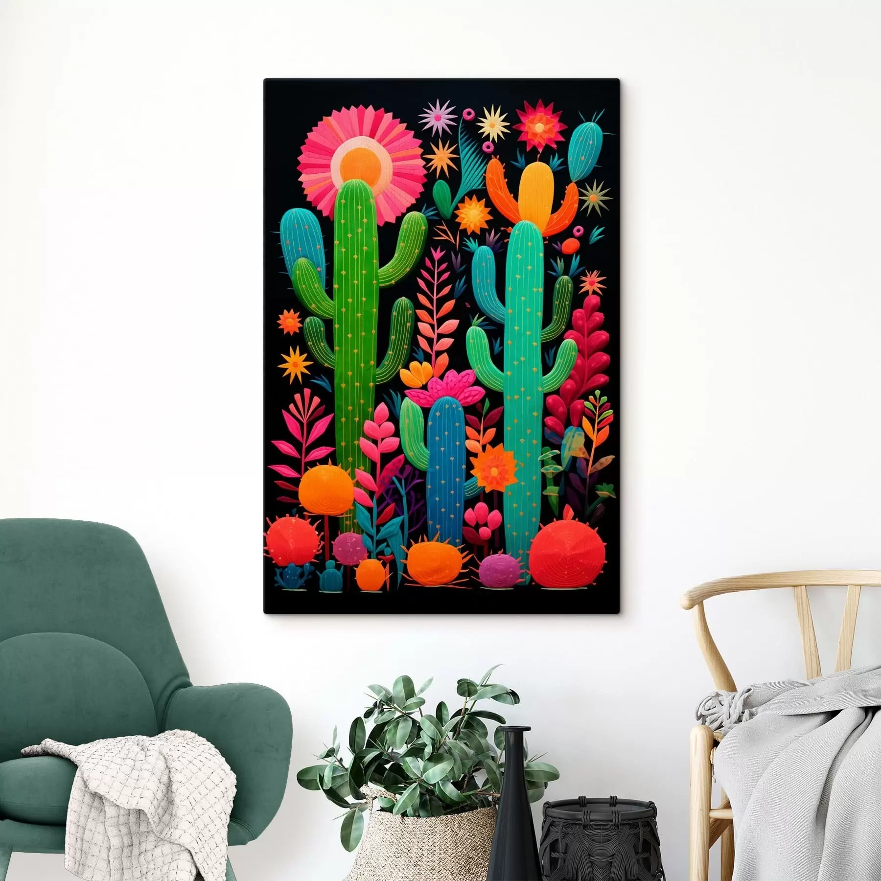 murales de pared Cactus y flores vibrantes sobre fondo oscuro s47297