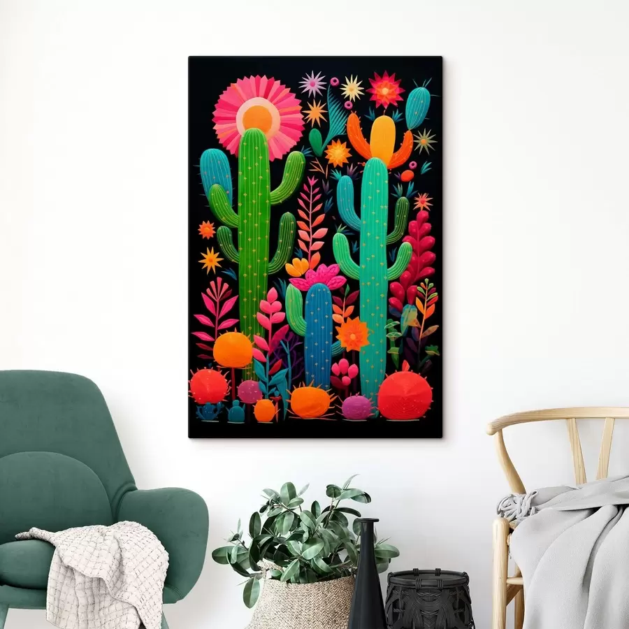 murales de pared Cactus y flores vibrantes sobre fondo oscuro s47297