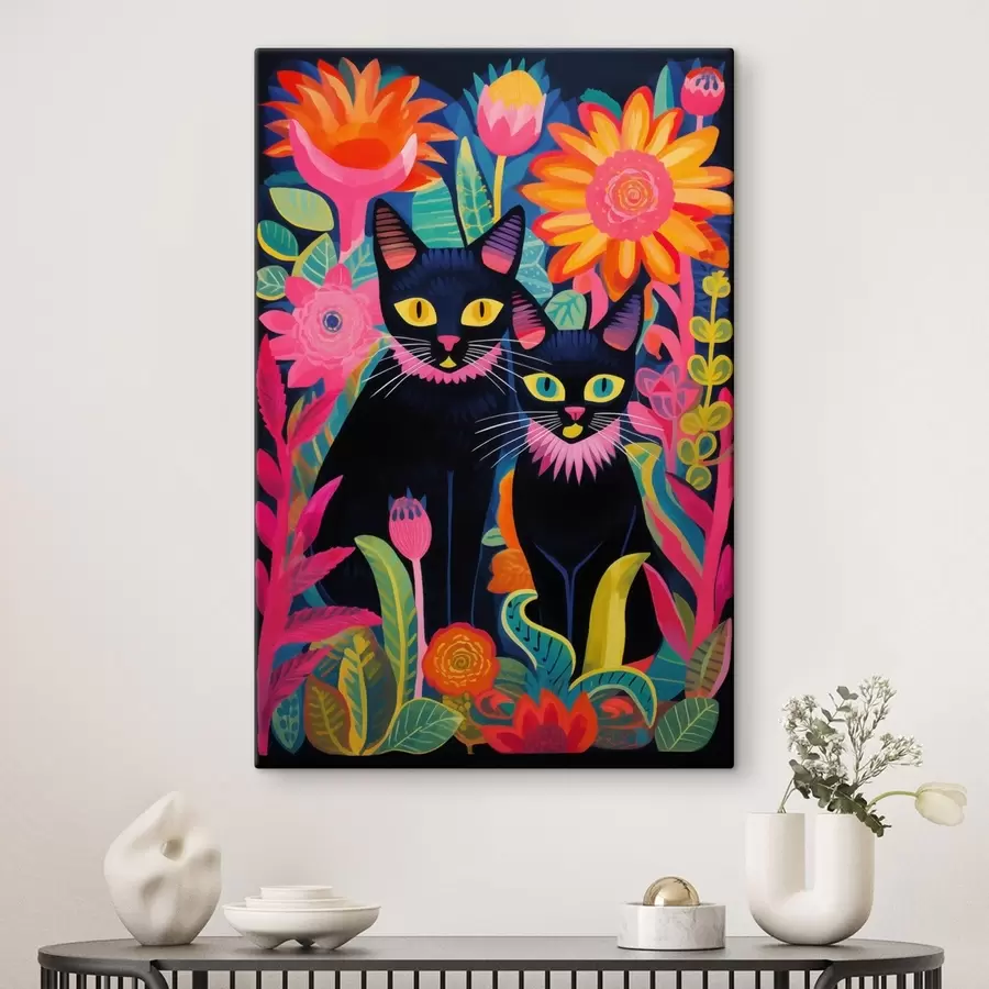 murales de pared Dos gatos negros entre flores brillantes s47299