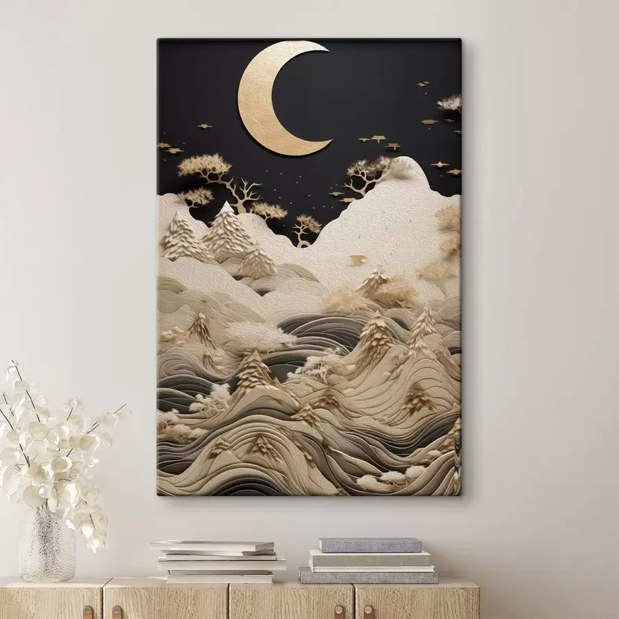 murales de pared Montañas y árboles estilizados bajo la luna s47300