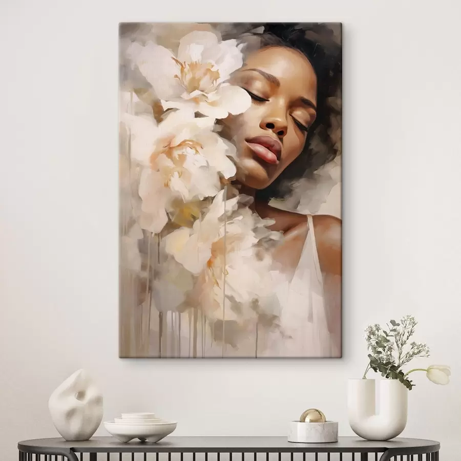 murales de pared Retrato femenino junto a grandes flores s47307
