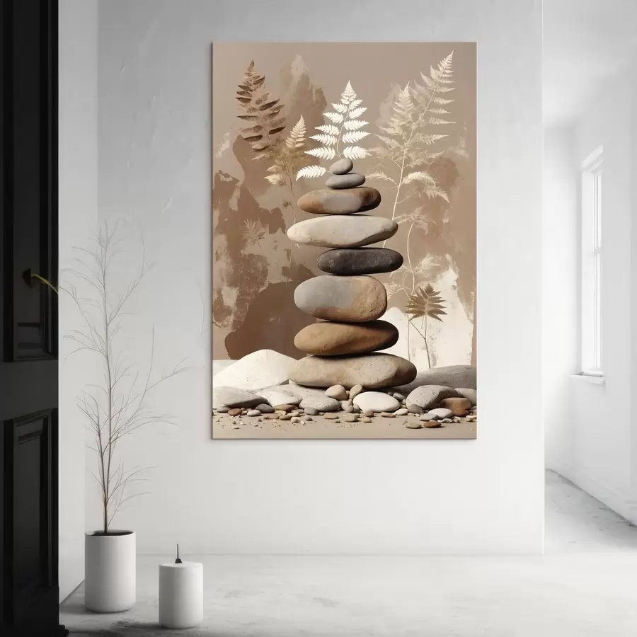 murales de pared Pila de piedras lisas con un fondo botánico s47764