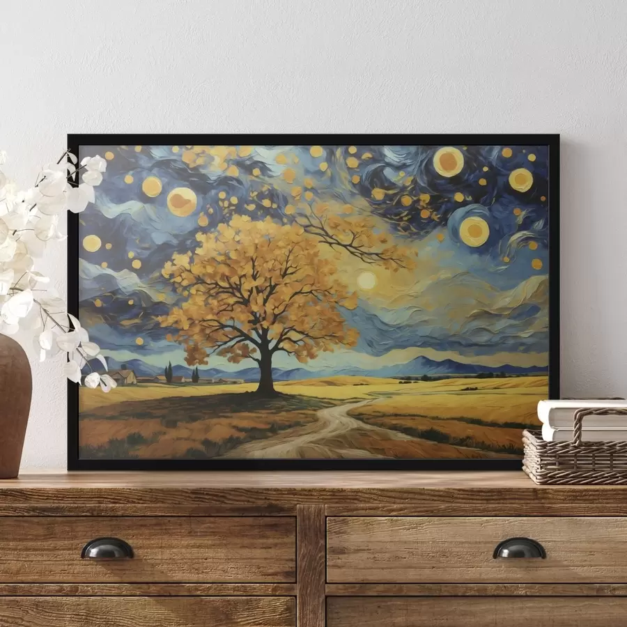 murales de pared Paisaje con un árbol y un cielo estrellado intenso f47255