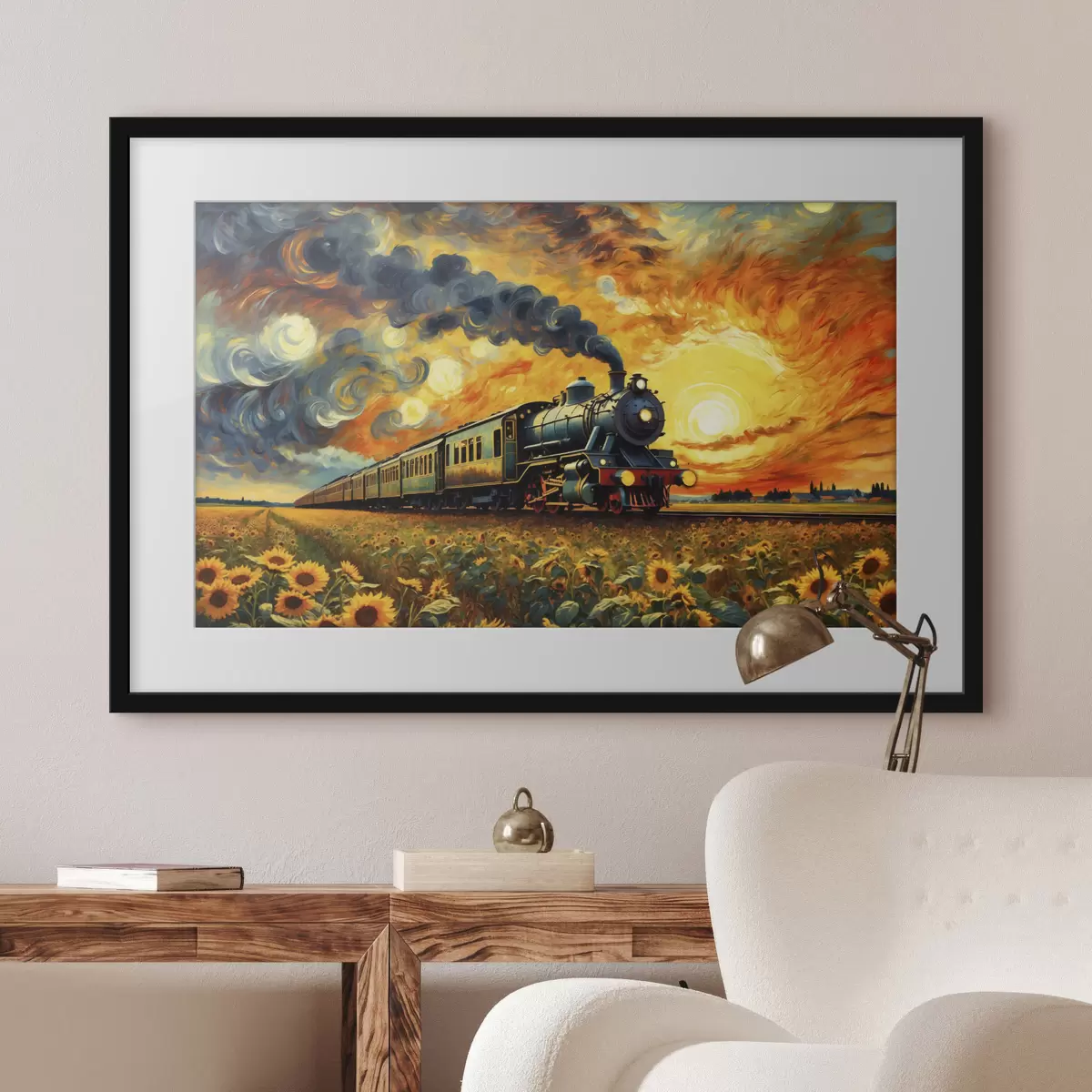 Poster Tren de vapor en un campo con un cielo espectacular f47257