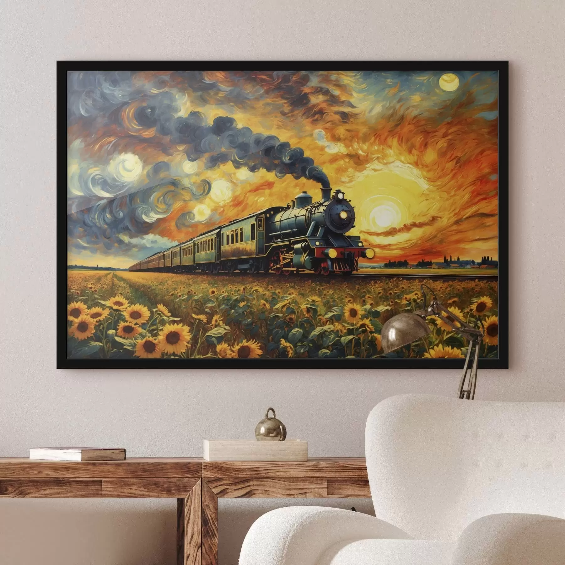 murales de pared Tren de vapor en un campo con un cielo espectacular f47257