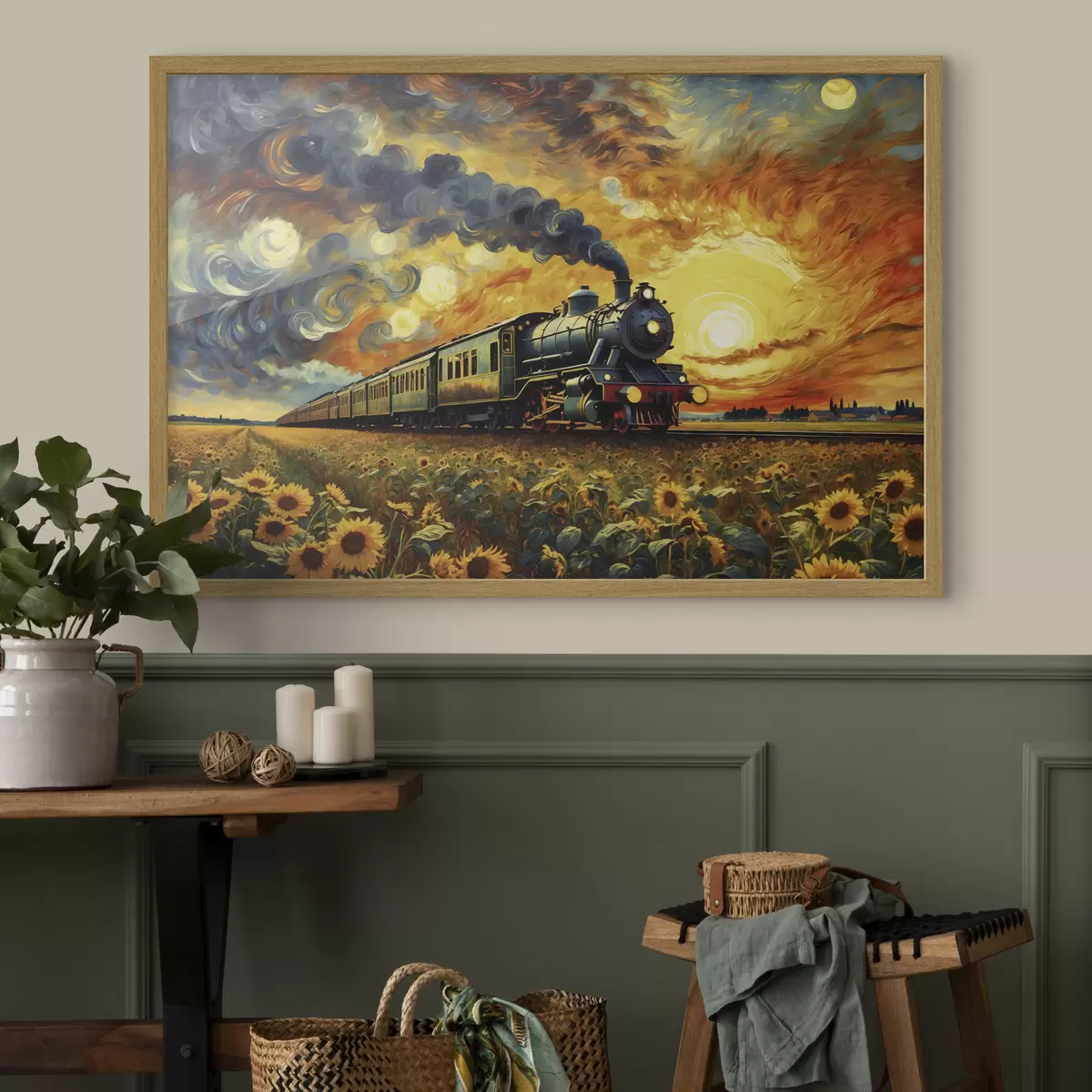 Poster Tren de vapor en un campo con un cielo espectacular f47257