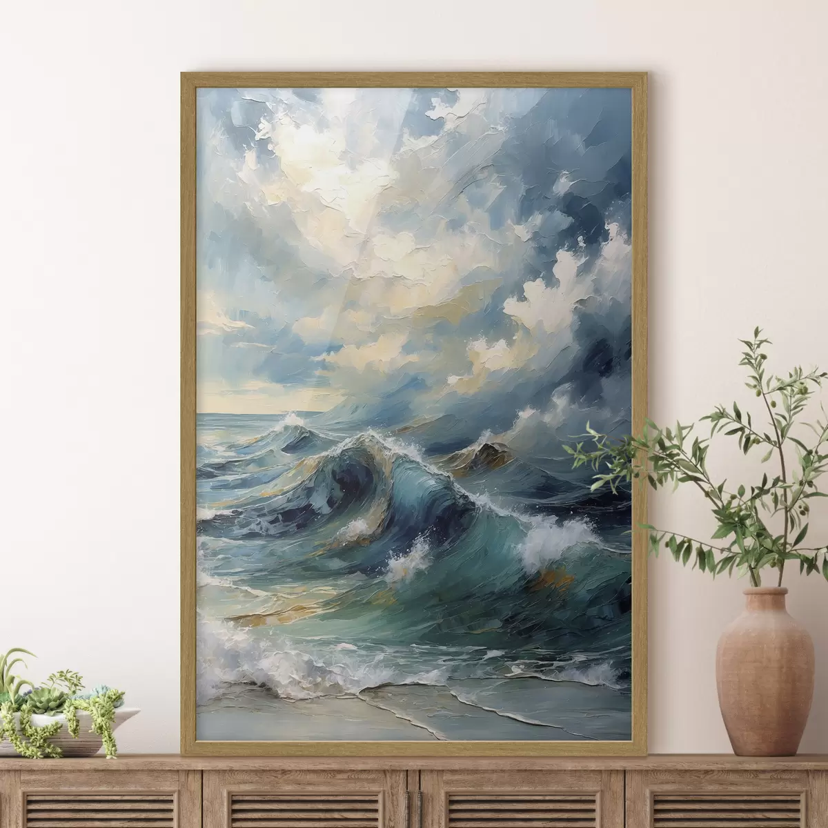 Poster Olas del mar bajo un cielo nublado y luminoso f47275