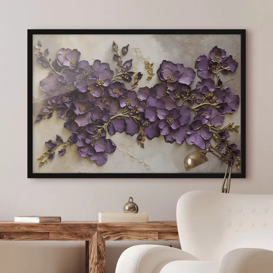 murales de pared Arreglo floral con flores moradas y detalles decorativos. f47277