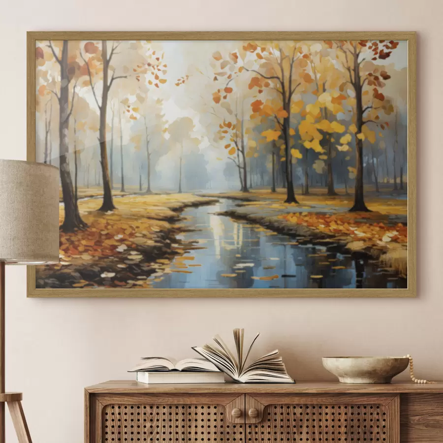 murales de pared Bosque otoñal con un arroyo y hojas amarillas f47278