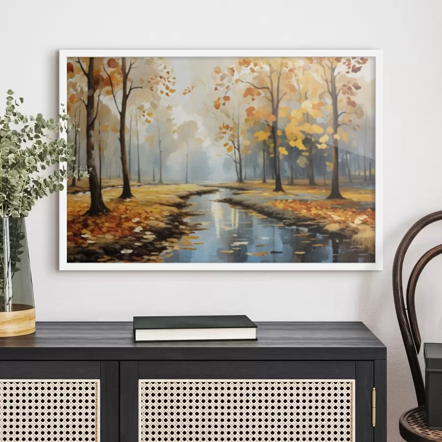 murales de pared Bosque otoñal con un arroyo y hojas amarillas f47278