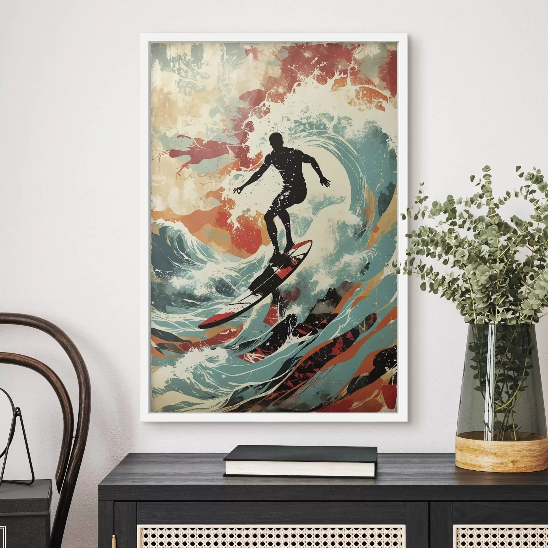 murales de pared Silueta de surfista sobre olas en colores vivos f47284