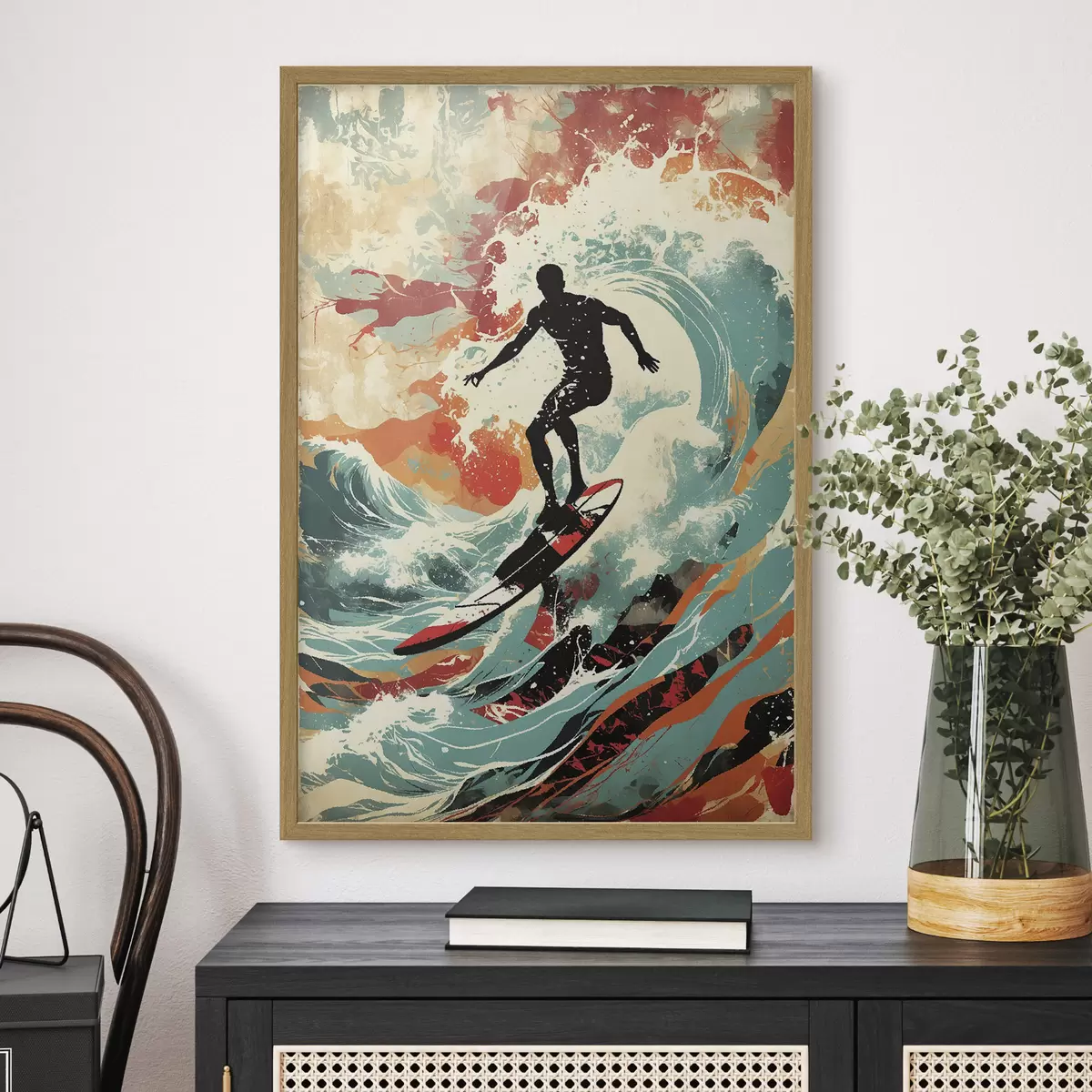 Poster Silueta de surfista sobre olas en colores vivos f47284