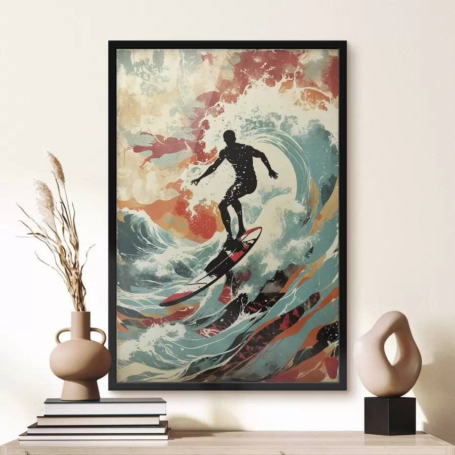 murales de pared Silueta de surfista sobre olas en colores vivos f47284