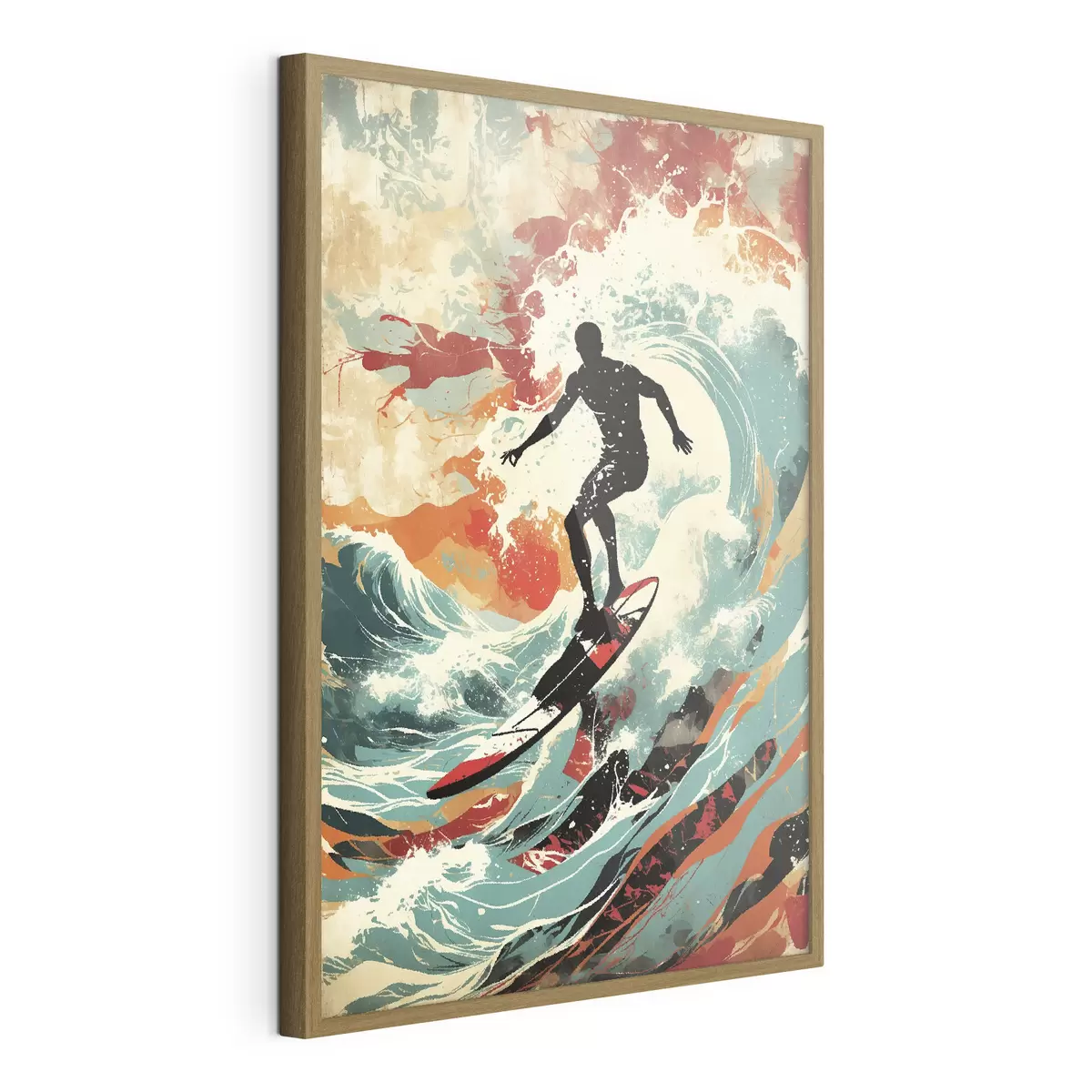 Poster Silueta de surfista sobre olas en colores vivos f47284