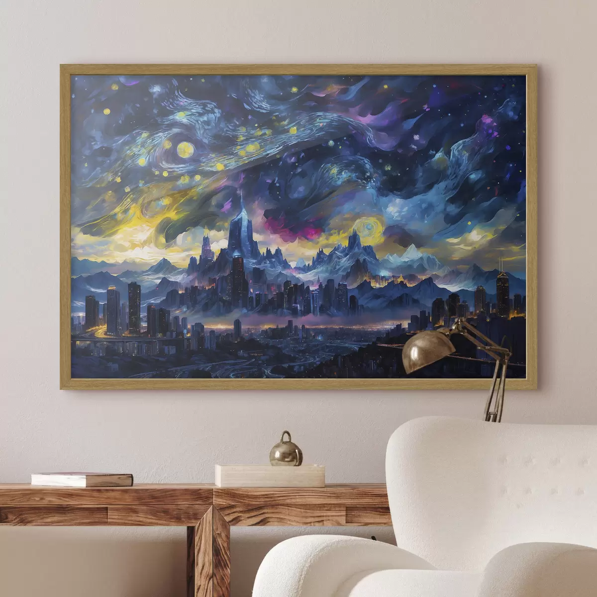 Poster Ciudad fantástica bajo un cielo nocturno resplandeciente f47288