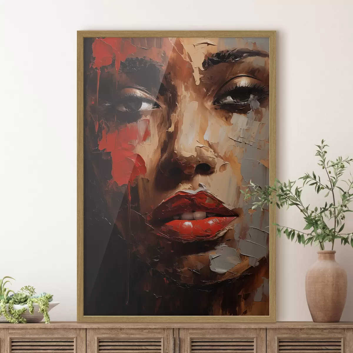 Poster Retrato femenino vívido con detalles en rojo f47293