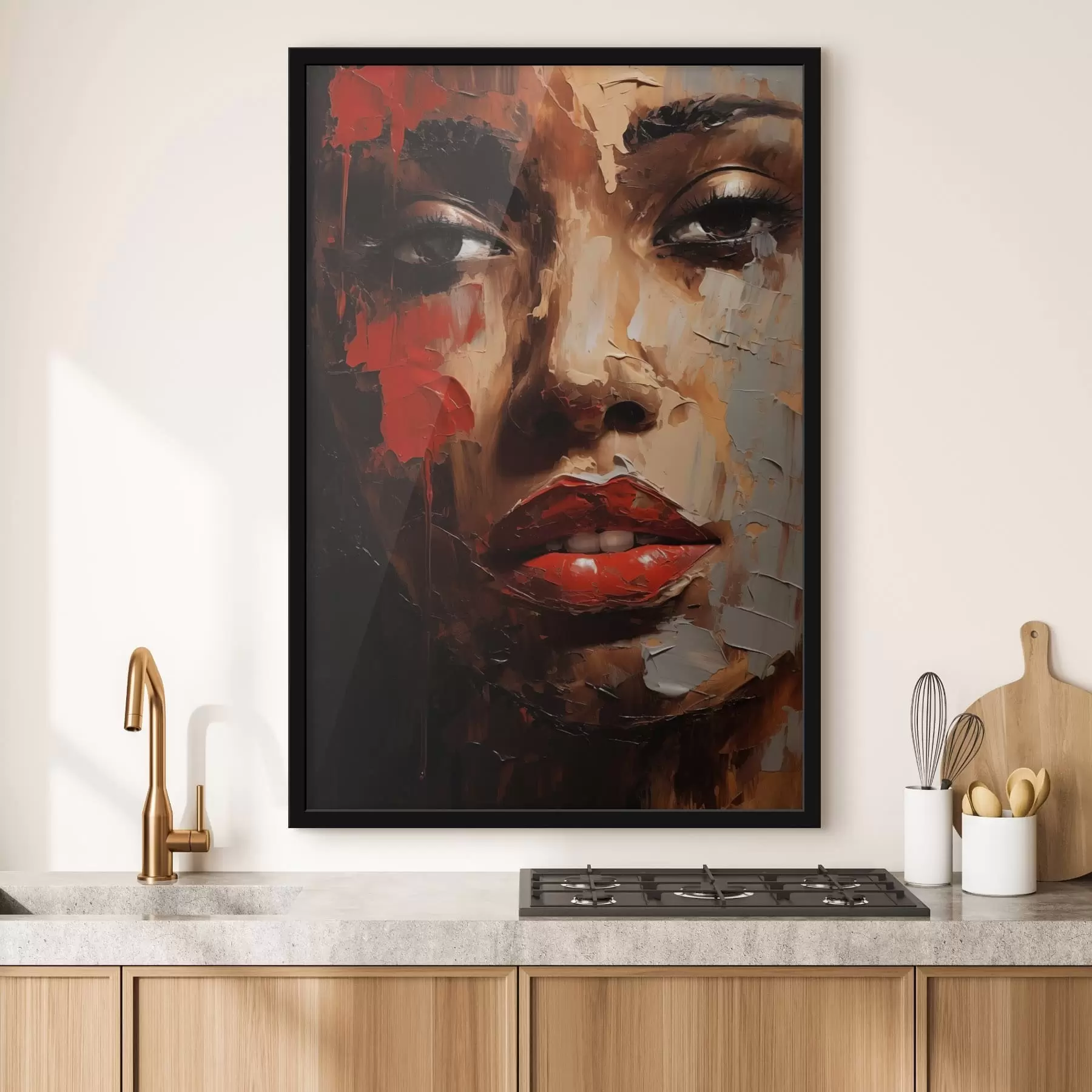 murales de pared Retrato femenino vívido con detalles en rojo f47293