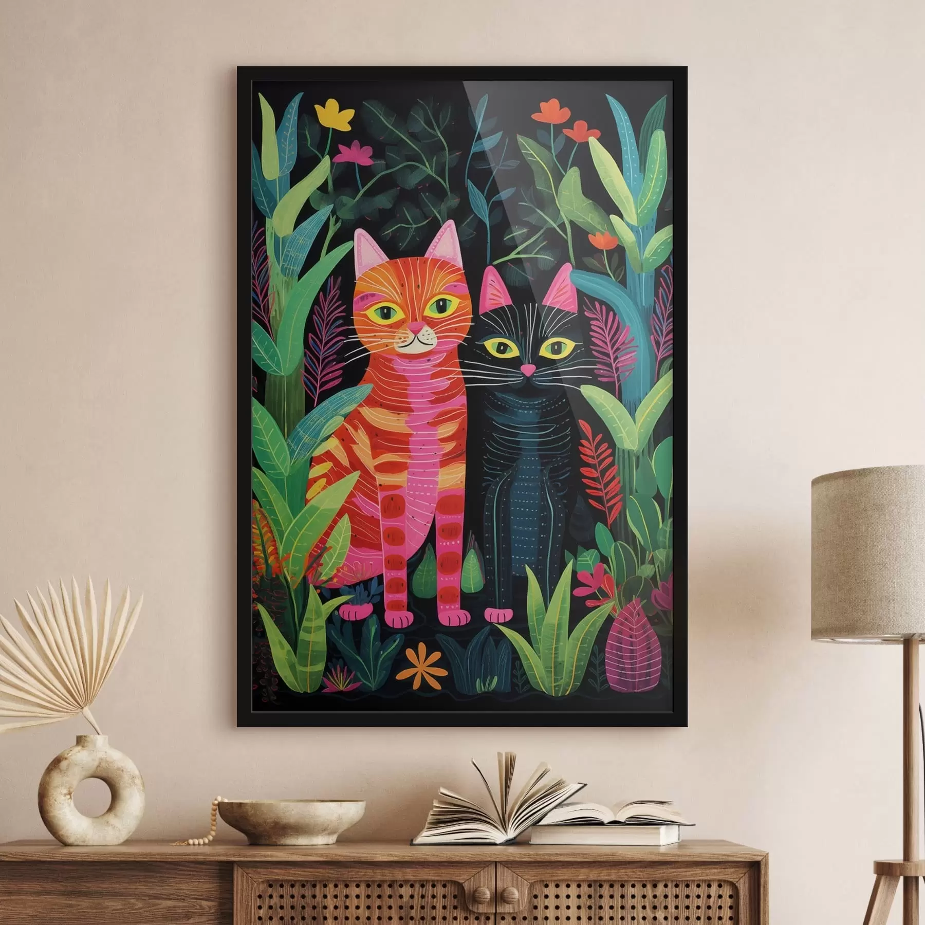 murales de pared Dos gatos estilizados entre plantas de colores vivos. f47298