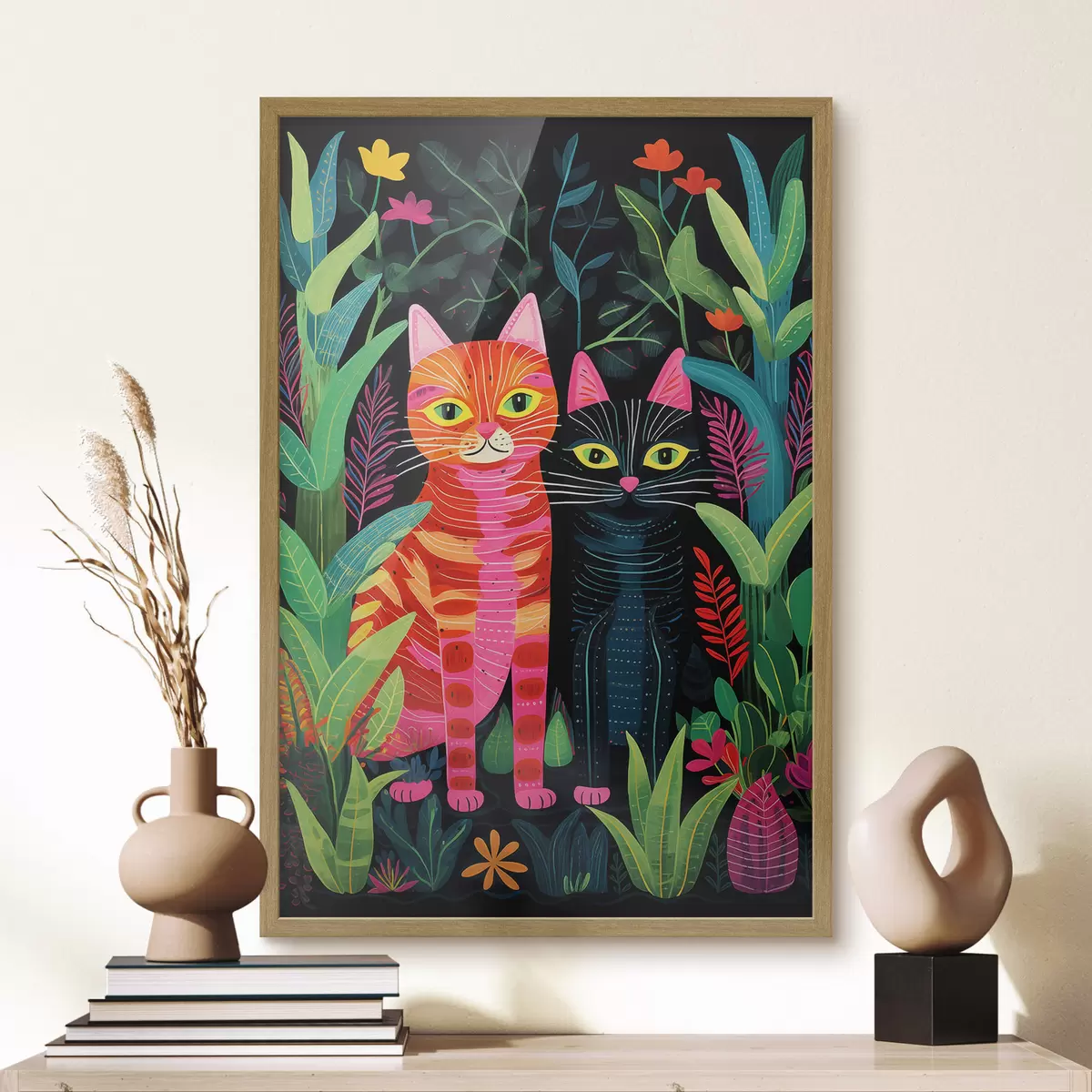 Poster Dos gatos estilizados entre plantas de colores vivos. f47298
