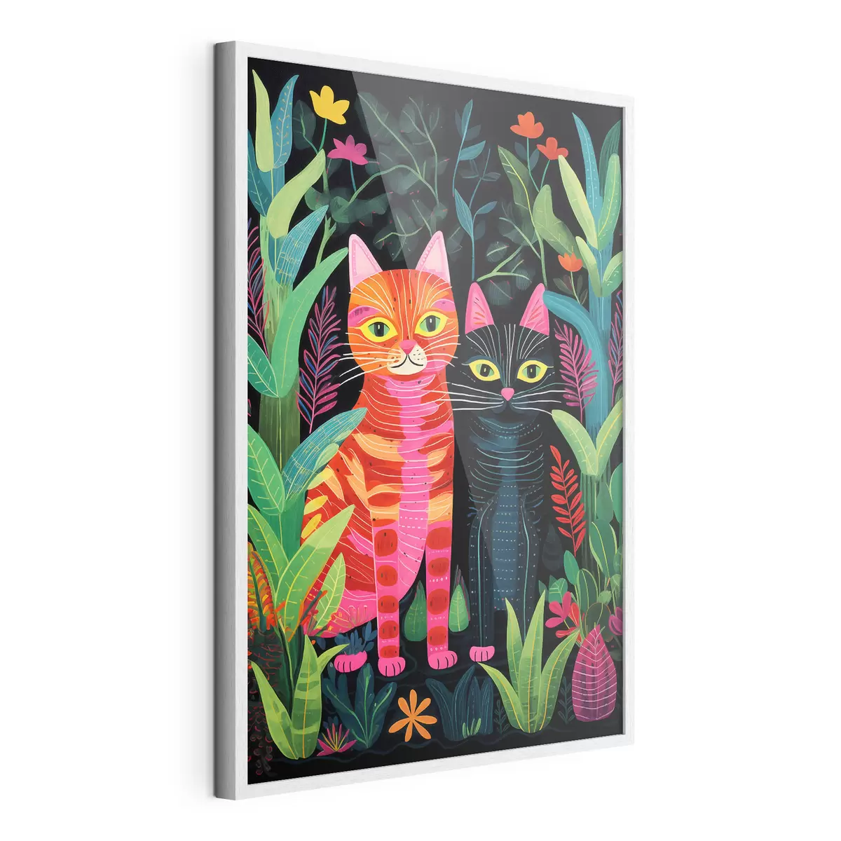 Poster Dos gatos estilizados entre plantas de colores vivos. f47298
