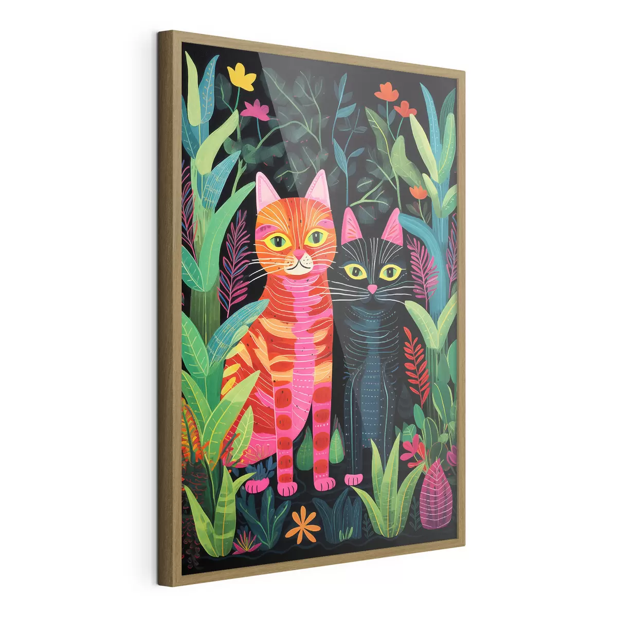 Poster Dos gatos estilizados entre plantas de colores vivos. f47298